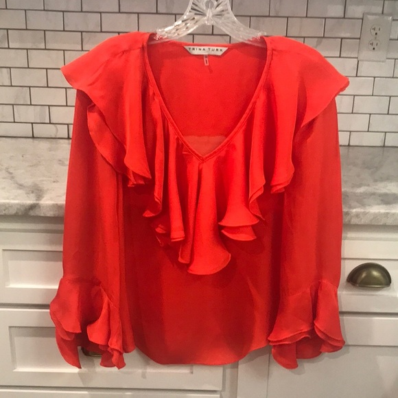 Trina Turk Tops - Trina Turk Top Womens XS Red Ruffles Silky Bohemian Luxury Blouse Classic Artsy